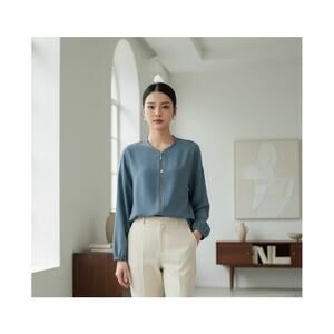 Halston Womens Dusk Blue Oversized Relaxed Full Zip Classic Basic Blouse Medium